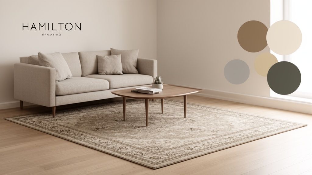 A modern living room with a neutral sofa, wooden coffee table, and ornate rug on a light floor.