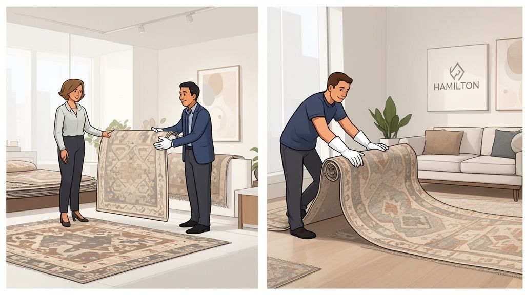 Two scenes show carpet services: a salesperson presents a rug to a customer, and a worker unrolls a new area rug.