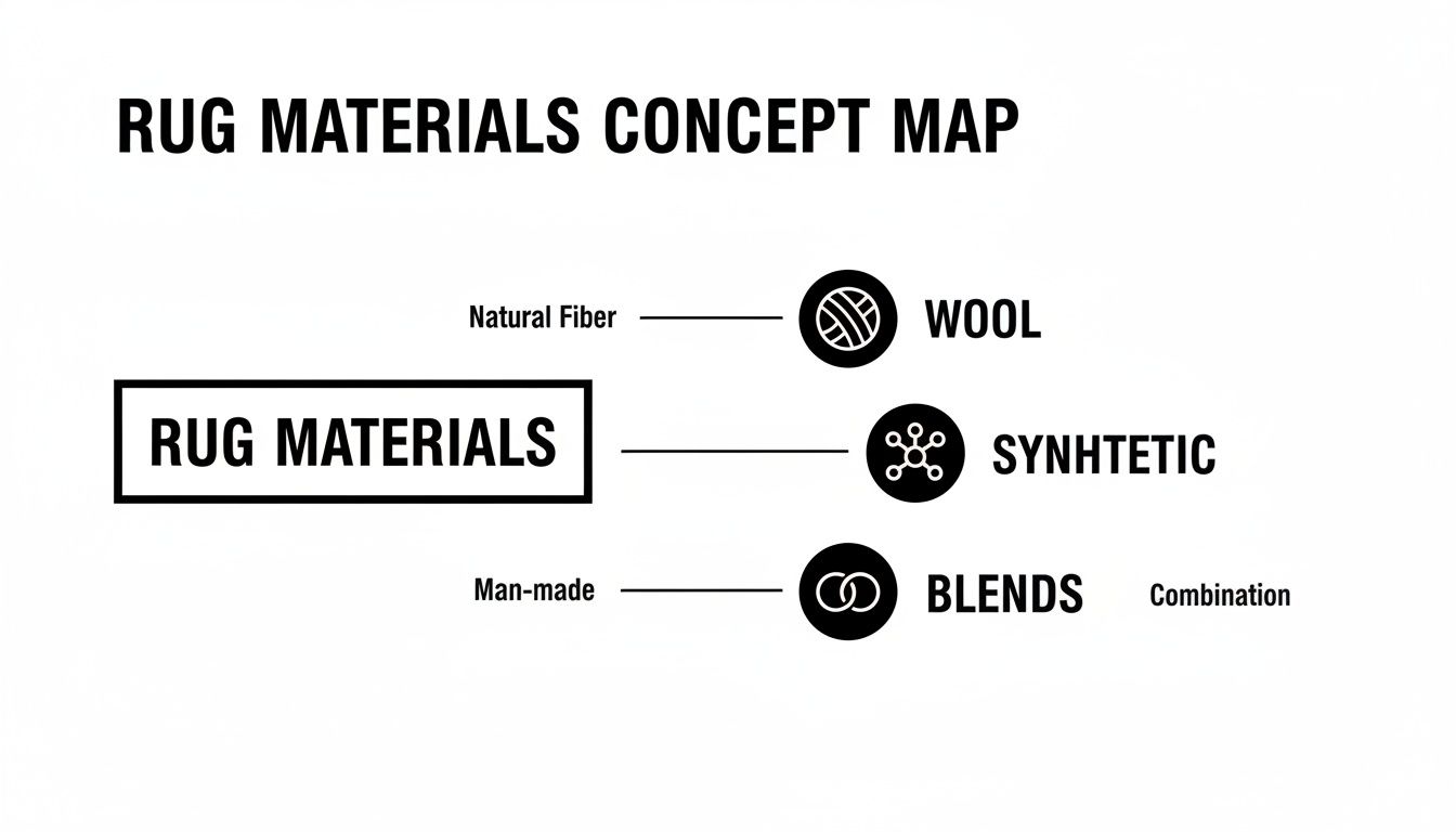 A concept map illustrating rug materials, categorized into natural fiber (wool), synthetic, and blends.