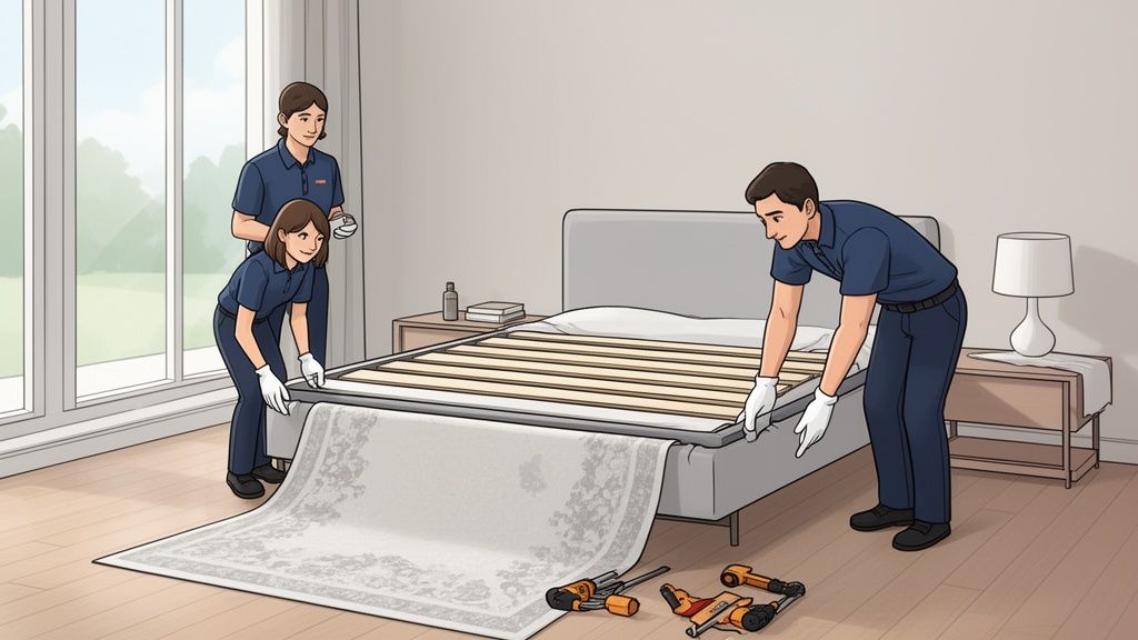 Three workers installing a rug under a modern bed frame with a slatted base in a bedroom.
