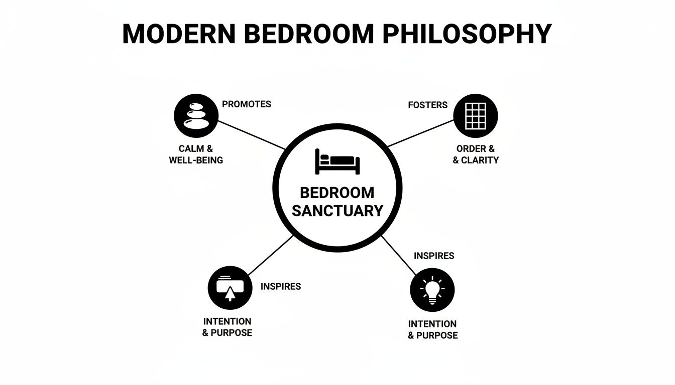 Diagram illustrating modern bedroom philosophy with 'Bedroom Sanctuary' as central, promoting calm, order, and purpose.