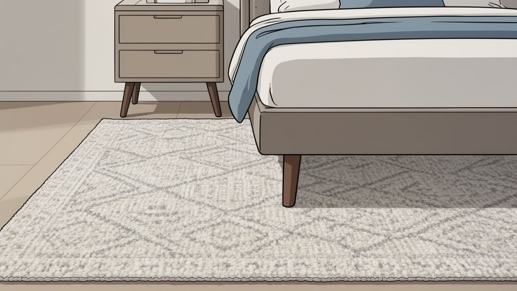 A modern bedroom scene featuring a bed, a nightstand, and a light-colored geometric rug on the floor.