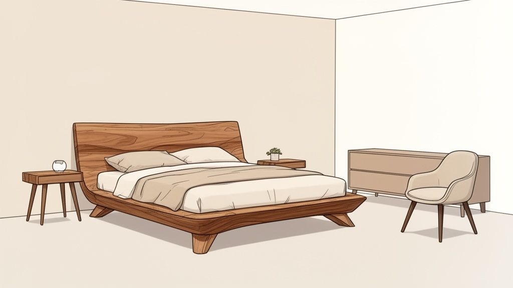 A minimalist modern bedroom featuring a wooden bed, two nightstands, a dresser, and an armchair.