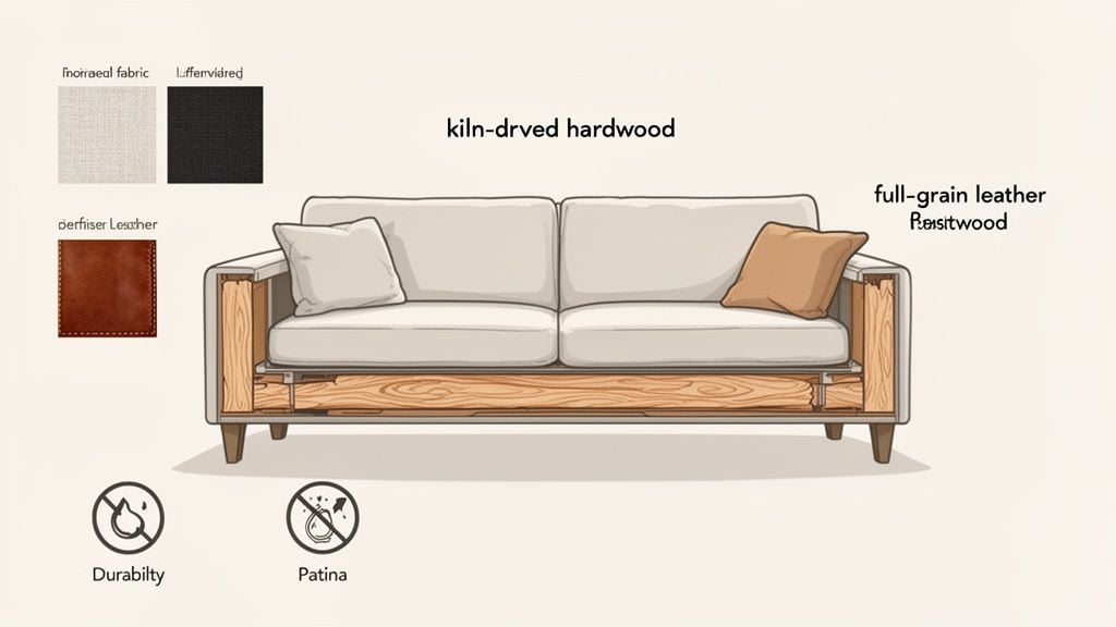 Sofa construction diagram featuring kiln-dried hardwood frame, full-grain leather, and fabric choices.