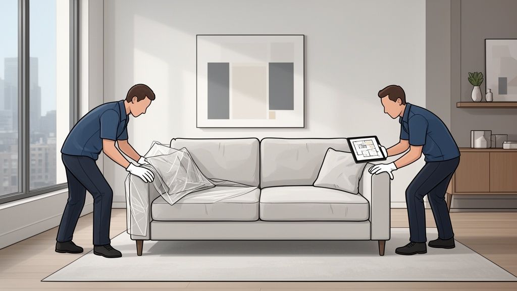 Two movers in blue shirts and white gloves are carefully arranging a light-colored sofa in a modern room.