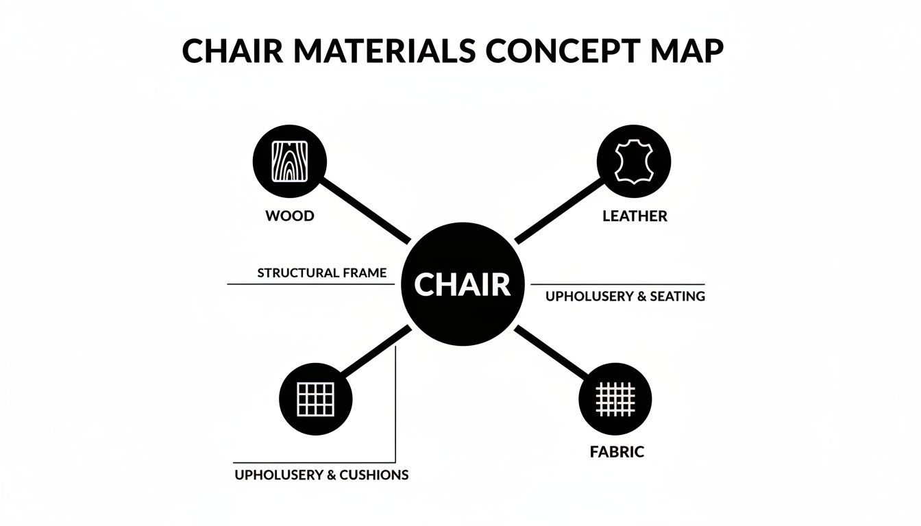 A concept map titled 'CHAIR MATERIALS' showing 'CHAIR' at the center connected to wood, leather, fabric, and upholstery.