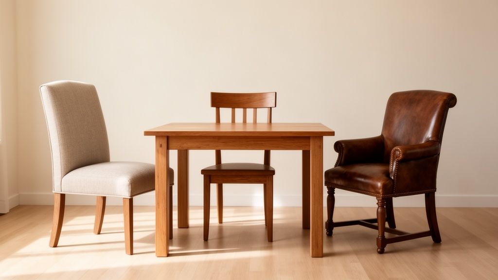 Three distinct dining chairs—upholstered, wooden, and leather—around a wooden dining table.