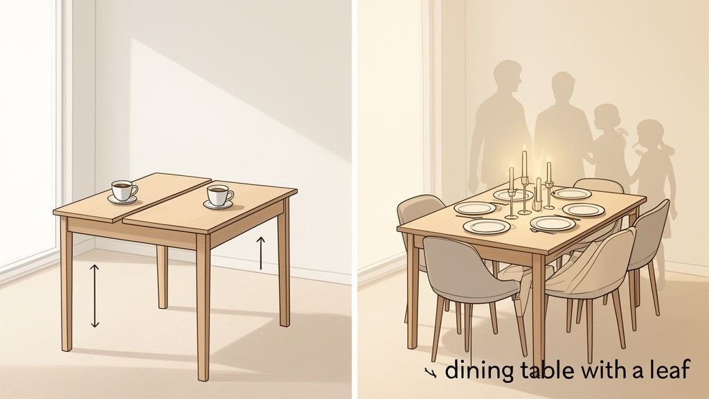An extendable dining table shown in two stages: compact with two coffee cups and expanded, set for a family meal.