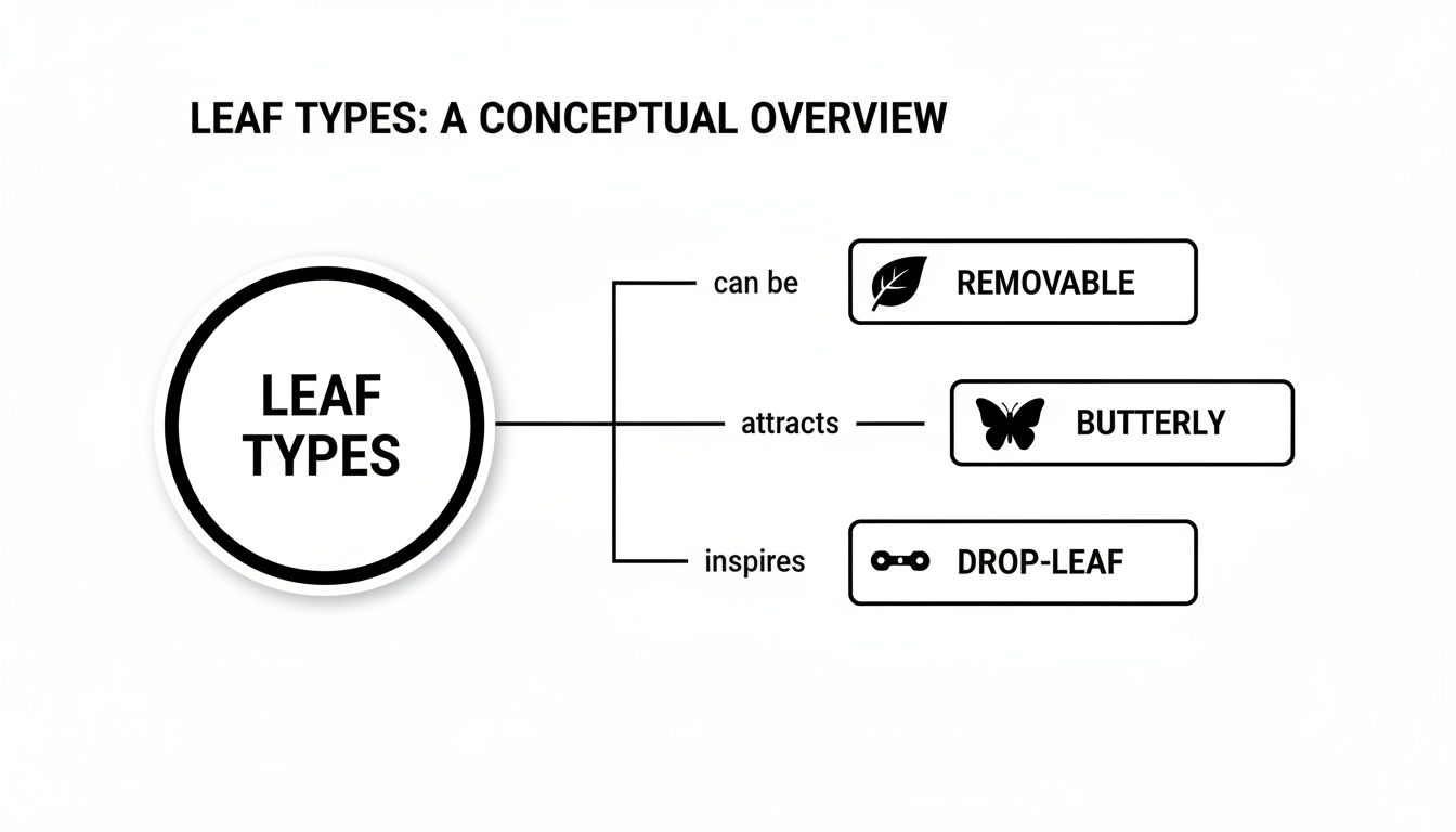 A conceptual diagram illustrating different aspects of 'Leaf Types', including removable, butterfly attraction, and drop-leaf inspiration.