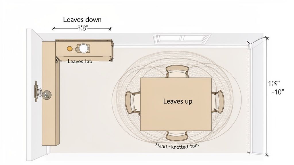 Top-down floor plan view of a dining room with a drop-leaf table, chairs, and key dimensions.
