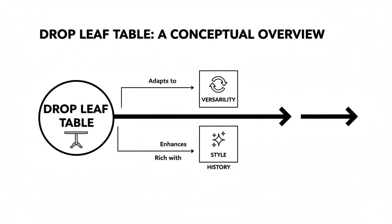 A conceptual overview diagram of a drop leaf table, emphasizing versatility, style, and history.
