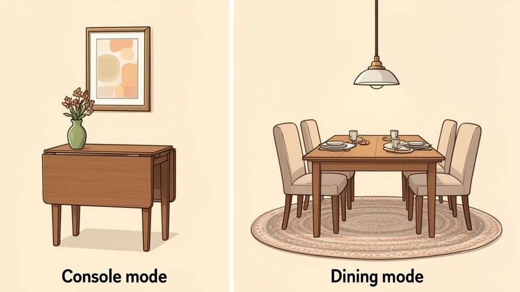 A brown drop-leaf table shown in two modes: as a console and as a dining table.