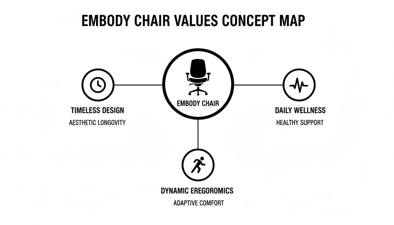 A concept map showing the Embody Chair's core values: Timeless Design, Daily Wellness, and Dynamic Ergonomics.