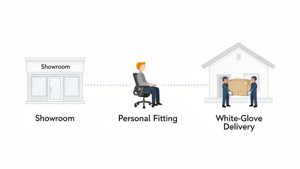 Illustration showing a customer journey: Showroom visit, personal chair fitting, and white-glove delivery to a home.