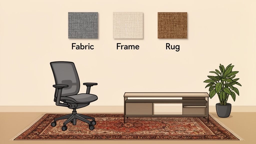 A Herman Miller Embody chair, TV stand, and plant on a patterned rug, with fabric swatches.