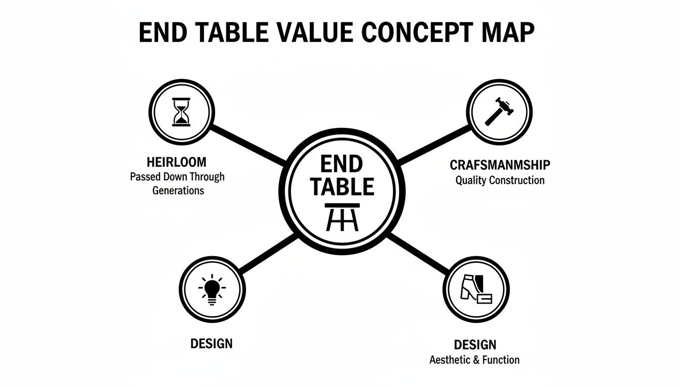 End Table Value Concept Map illustrating heirloom, craftsmanship, and design principles.