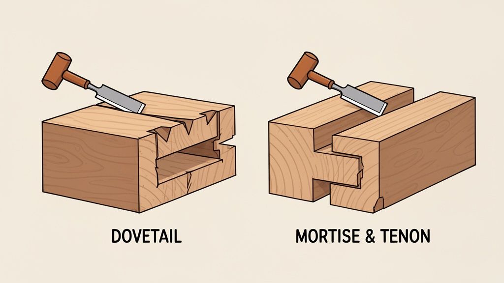 Illustration showing a dovetail joint and a mortise and tenon joint being cut with a chisel and mallet.