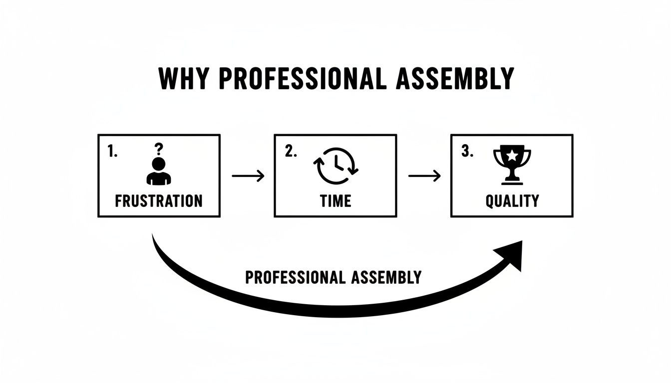 Flowchart illustrating why professional assembly prevents frustration, saves time, and ensures quality.
