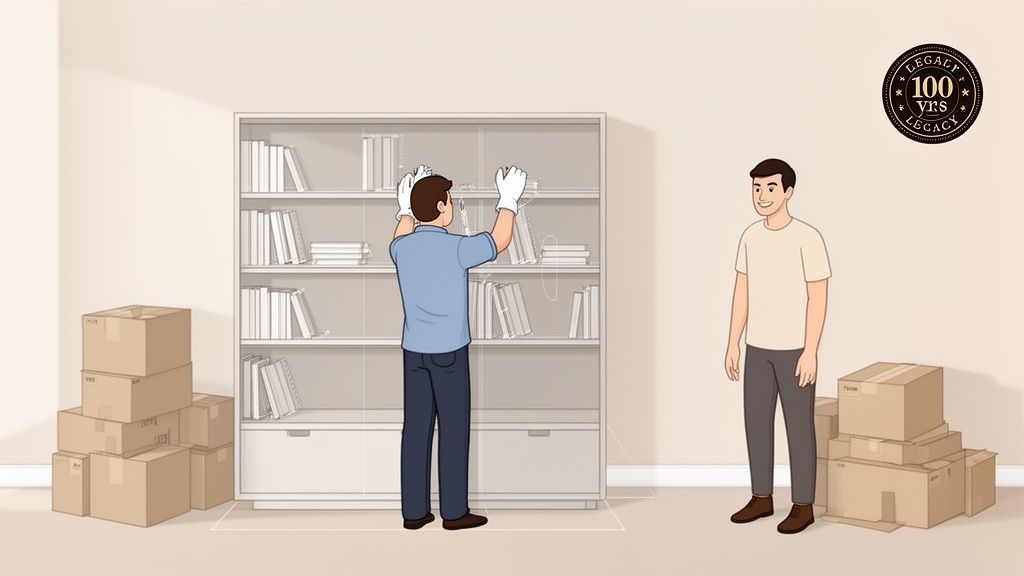 Two men organizing books on a white bookshelf with moving boxes in a bright room.