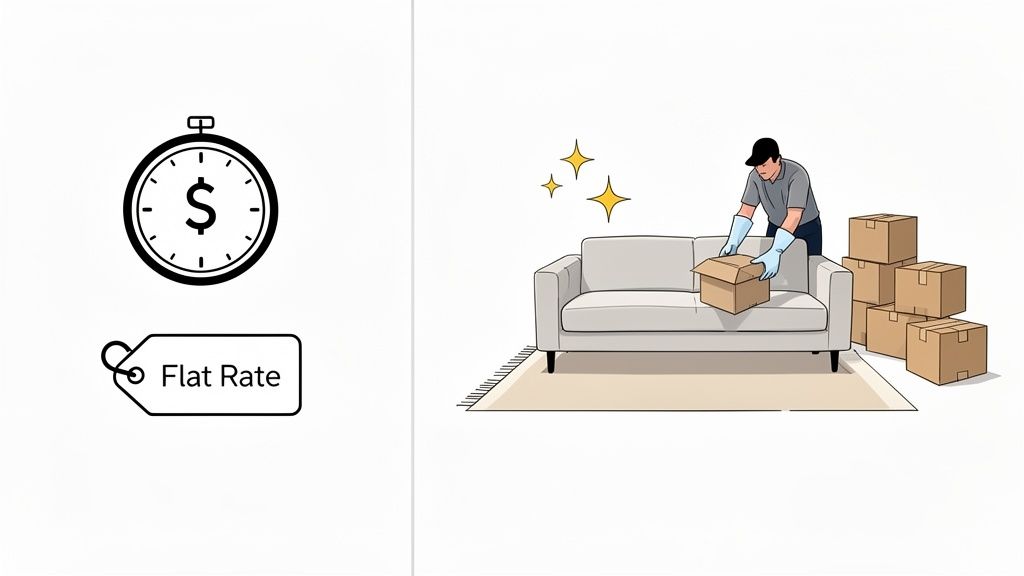 A person handling boxes near a sofa, with a stopwatch and "Flat Rate" tag, symbolizing moving services.