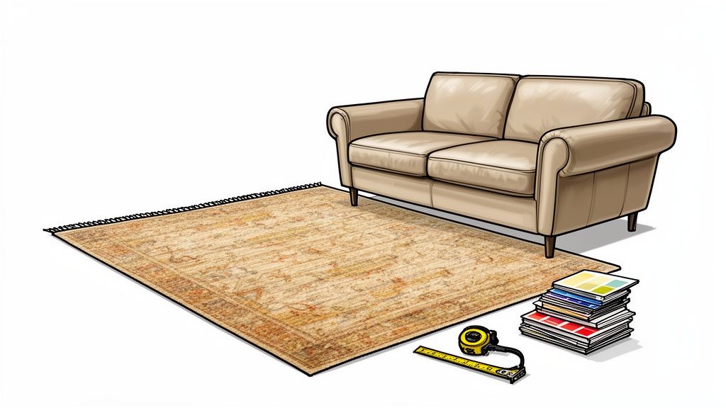 Home decor planning with a beige sofa, patterned rug, tape measure, and color palette samples.