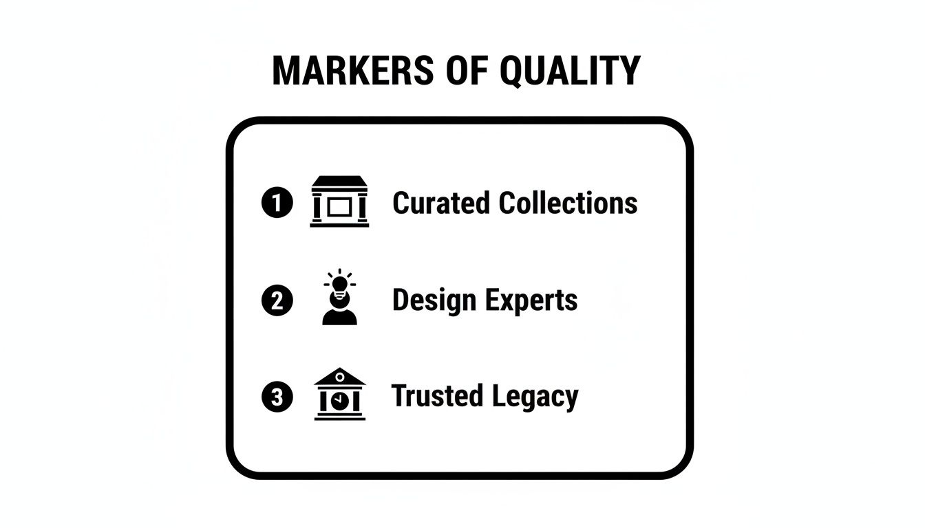 An image outlining three markers of quality: curated collections, design experts, and trusted legacy.