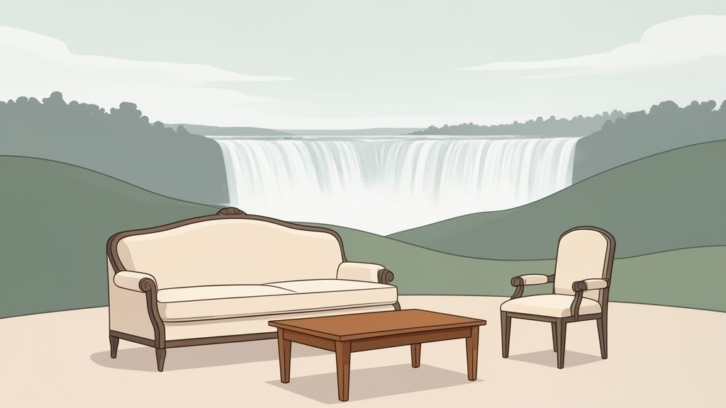 Elegant outdoor furniture set on a patio overlooking a majestic waterfall and scenic green hills.