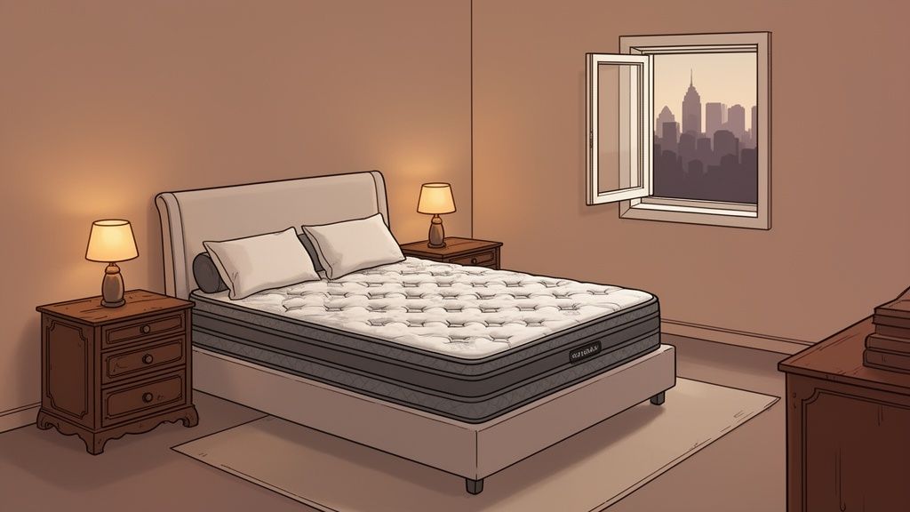 A cozy bedroom with a large bed, two nightstands, lamps, and a window showing a city skyline.