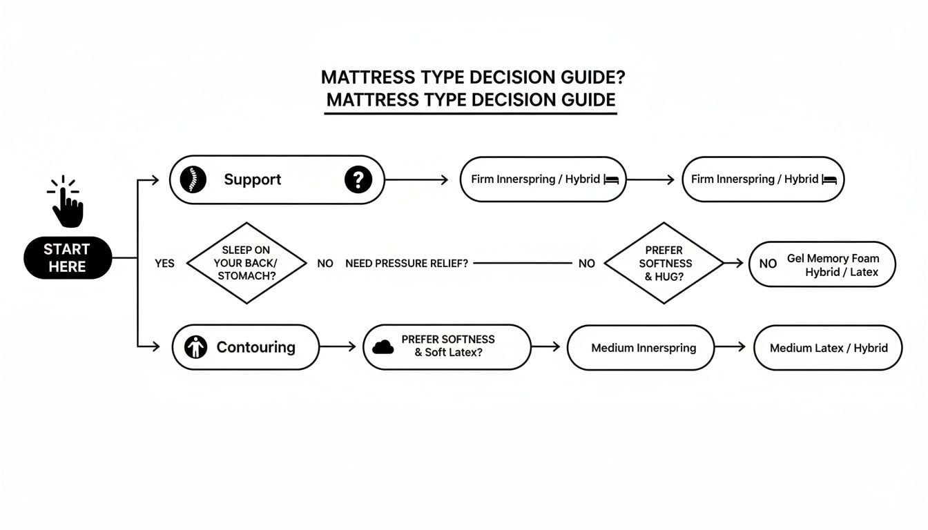 A detailed flowchart guiding users through mattress type decisions based on support and comfort preferences.