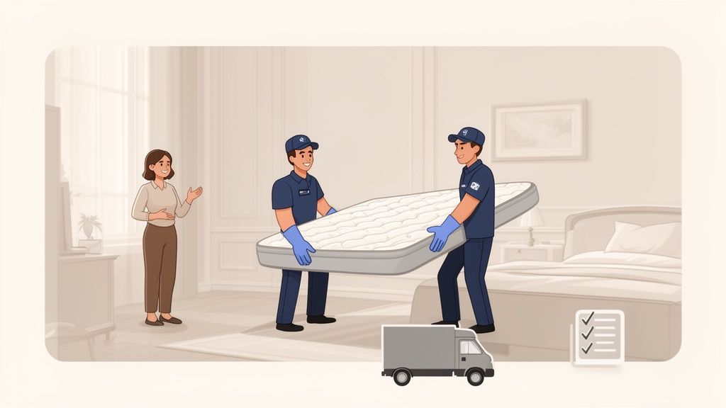 Two professional delivery men carrying a new mattress into a modern bedroom, observed by a smiling woman.