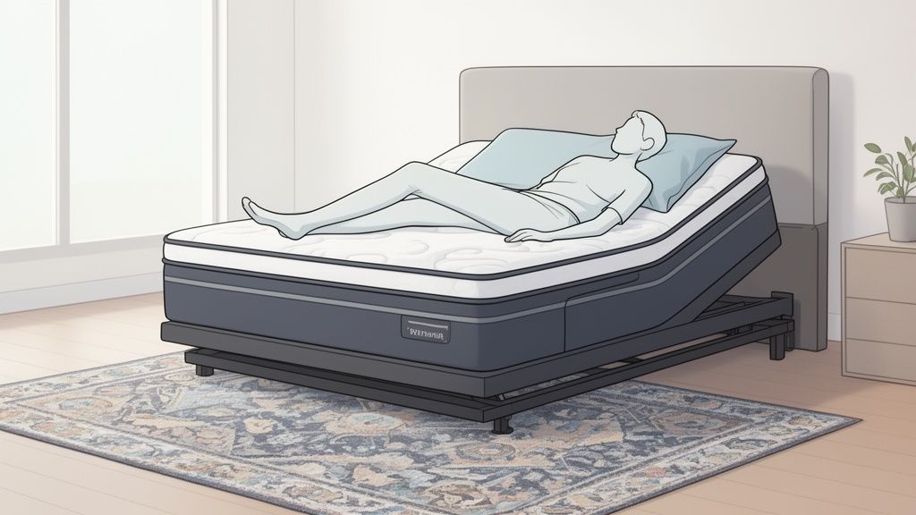 An illustration of a person relaxing on a modern adjustable bed with a light blue pillow in a bright bedroom.