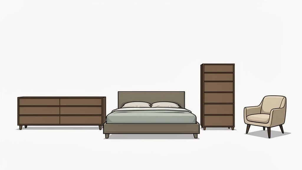 A collection of modern bedroom furniture including a dresser, bed, tall chest, and armchair.