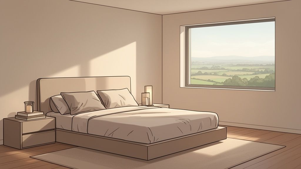 A clean, modern bedroom with a large bed, nightstands, and a window showcasing a green landscape.