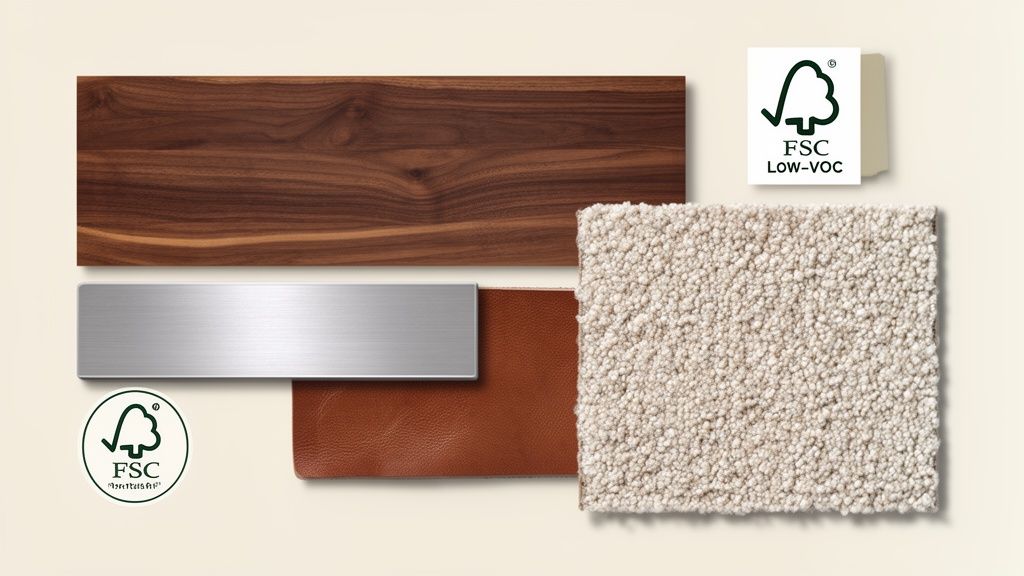 An arrangement of sustainable material samples including wood, metal, leather, and carpet, featuring FSC logos.
