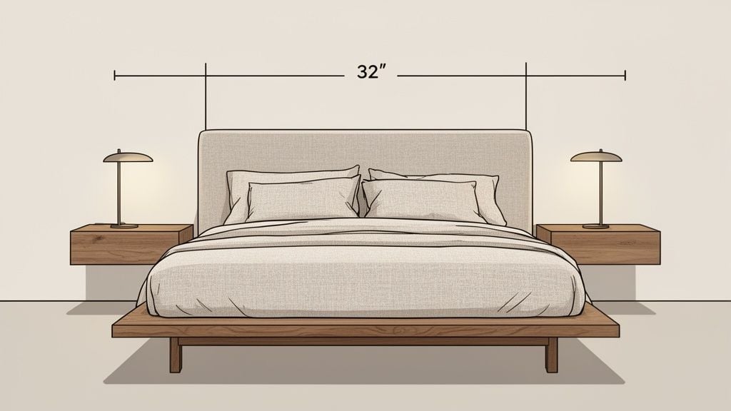 A minimalist modern bedroom with a bed, upholstered headboard, two floating nightstands, and two lamps.