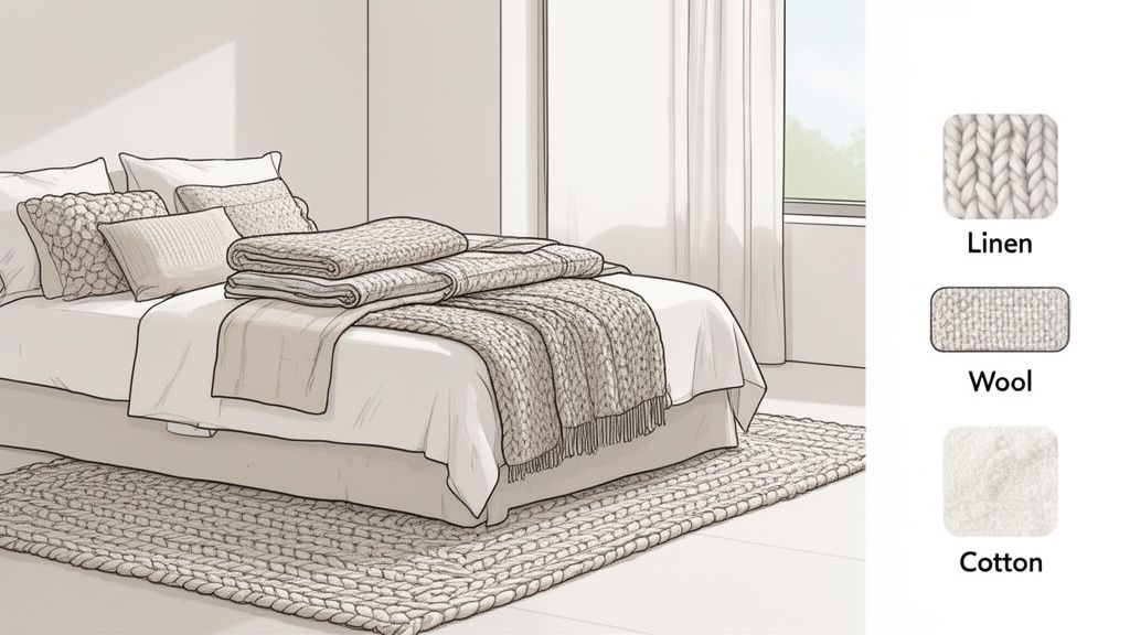 A cozy, monochrome bedroom illustration featuring a bed with textured pillows, blankets, and a braided rug.