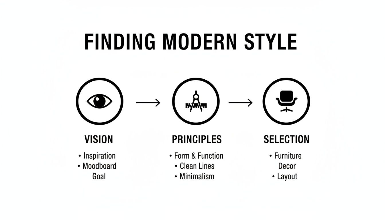 Flowchart outlining three steps to achieve modern style: Vision, Principles, and Selection with descriptive details.