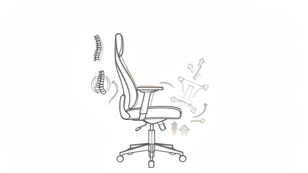 Diagram showing a modern ergonomic office task chair with spine support and various adjustment features.