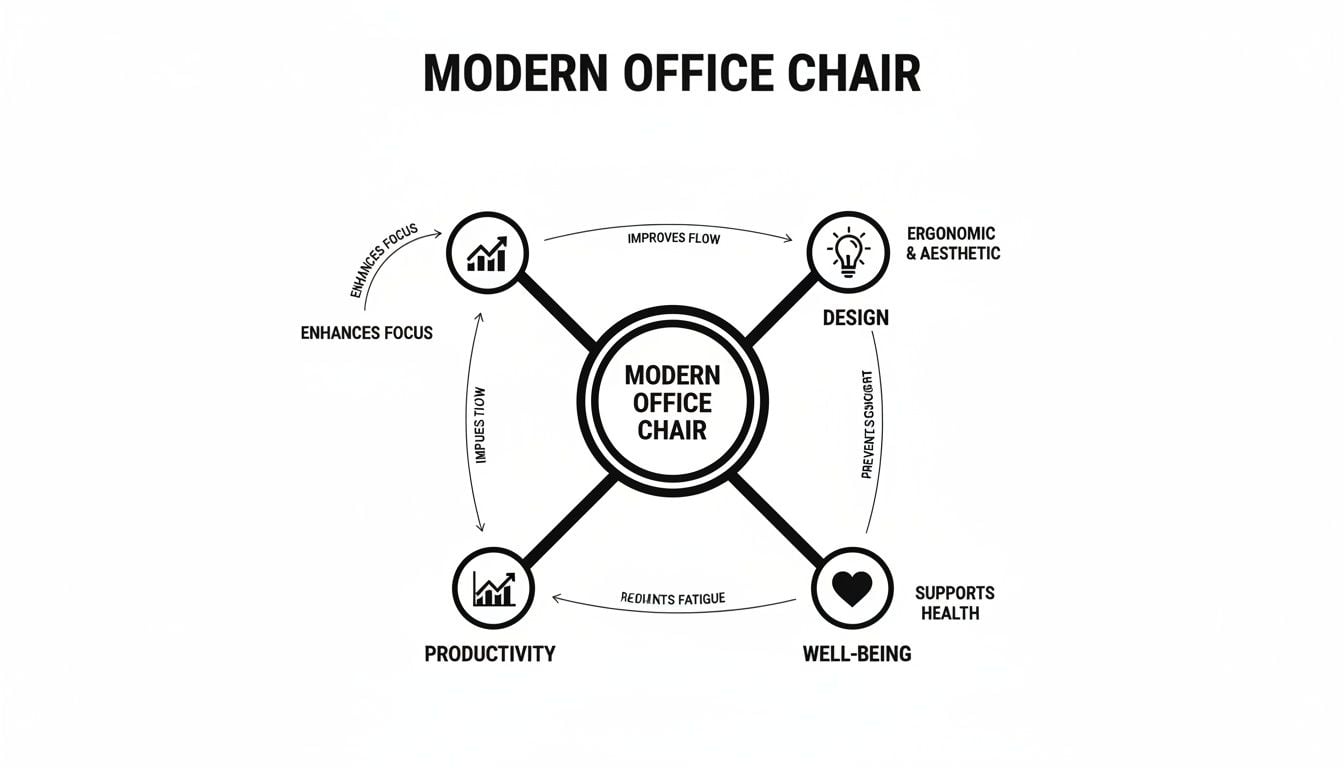 Diagram illustrating how a modern office chair influences design, well-being, and productivity through various benefits.