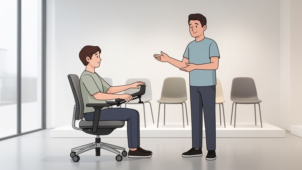 Two men in a modern office, one sitting on an ergonomic task chair, the other explaining features.