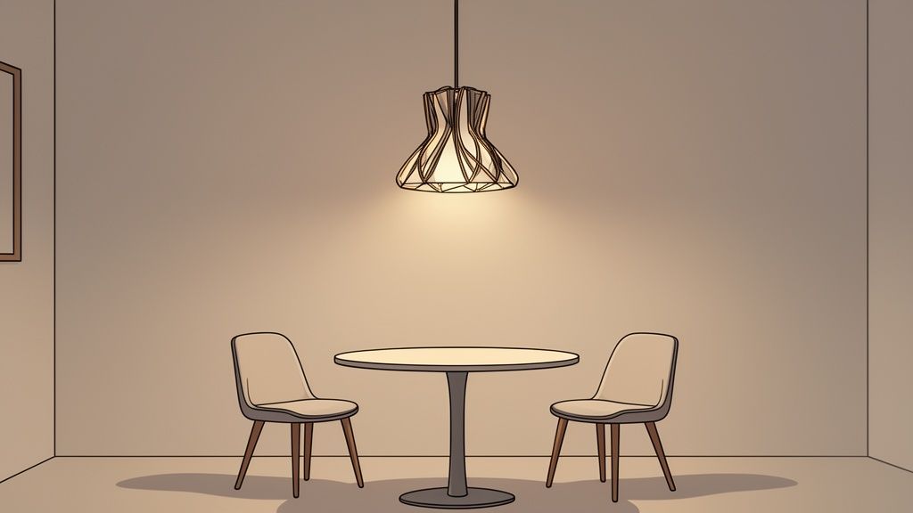 A minimalist dining area with a round table, two chairs, and a modern pendant light.