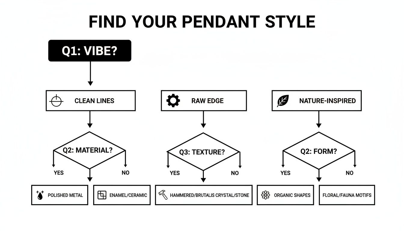 A flowchart titled 'Find Your Pendant Style' guiding users through design choices to discover their ideal pendant.