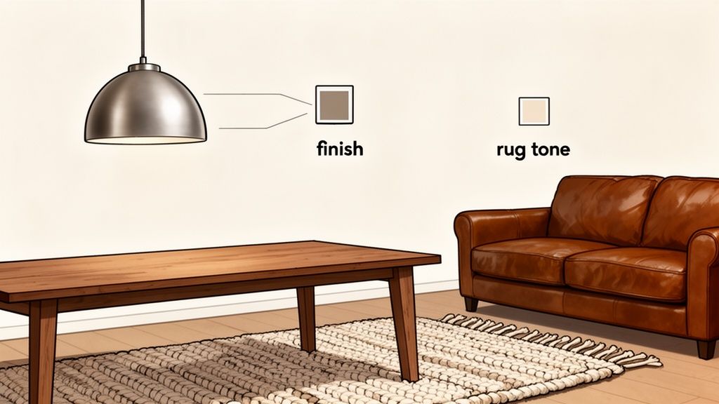 A modern pendant light hangs above a wooden dining table, a braided rug, and a brown leather sofa.