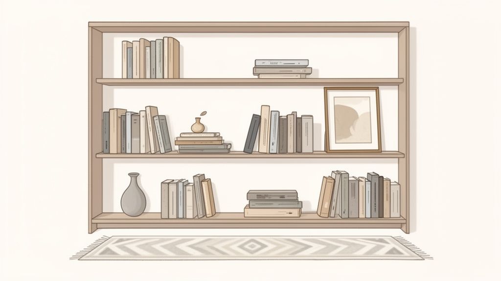 A minimalist light brown wooden bookshelf filled with books, decorative vases, and a framed abstract picture, on a patterned rug.