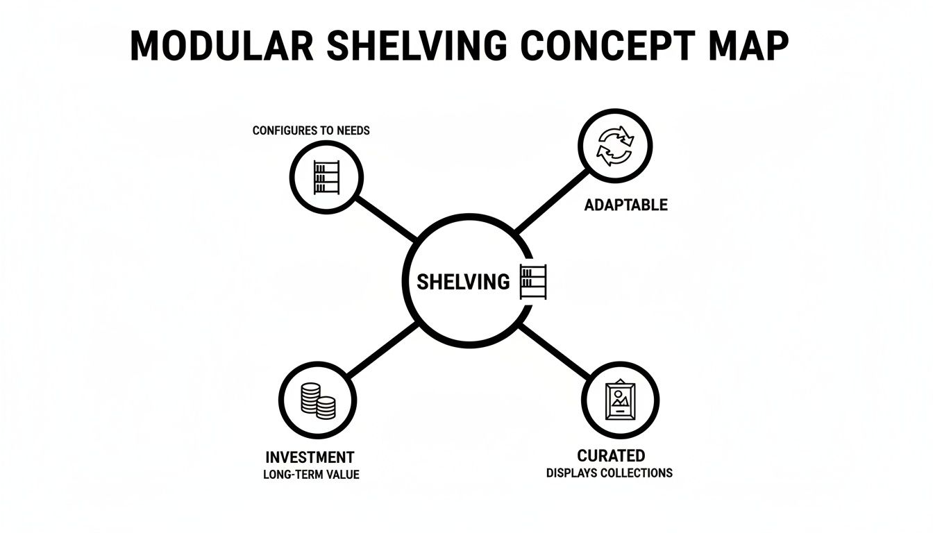 A concept map illustrating modular shelving, highlighting its adaptability, customization, investment value, and curated display.