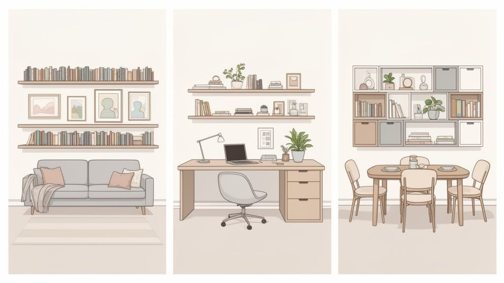 Three rooms showcasing organized spaces with floating shelves, books, plants, and a modular dining room shelving unit.