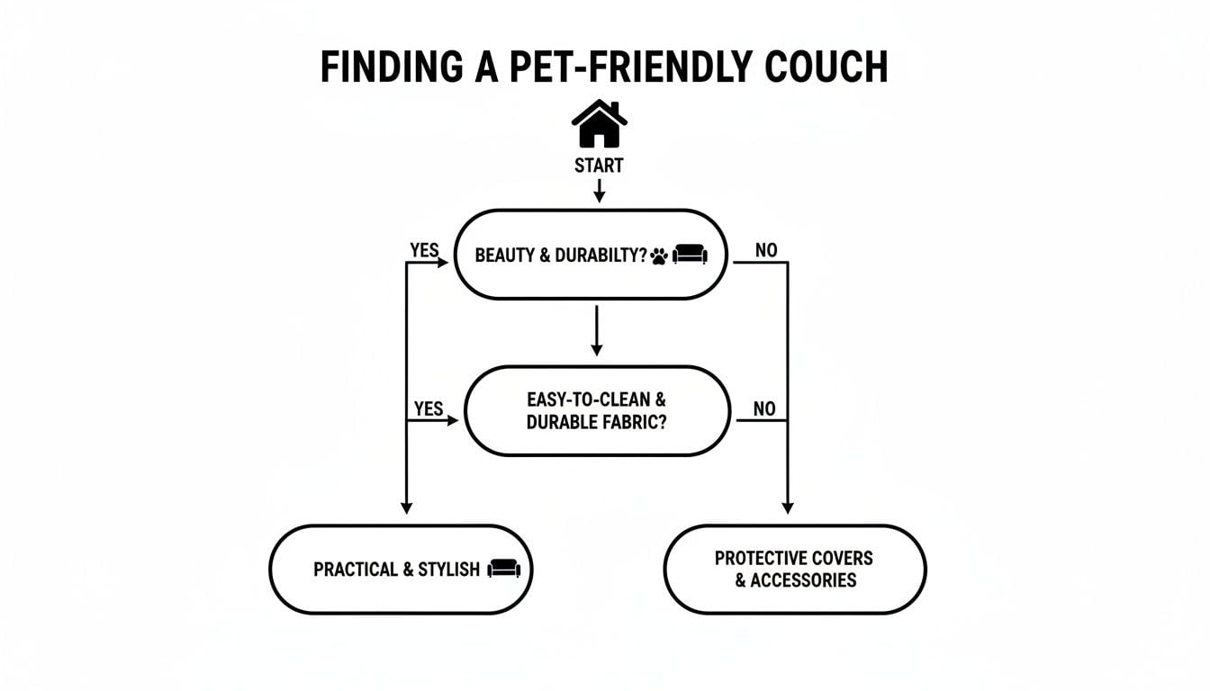 Flowchart for finding a pet-friendly couch, considering beauty, durability, and easy-to-clean fabric.