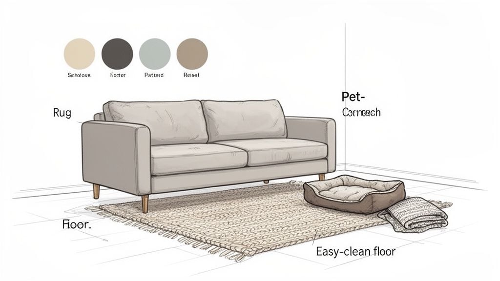 A sketch of a pet-friendly living room setup featuring a neutral couch, a braided rug, a pet bed, and color options.