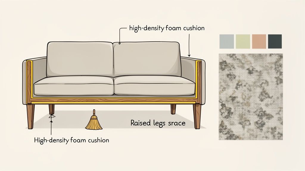 A diagram of a modern two-seater sofa with high-density foam cushions and raised wooden legs, highlighting easy cleaning.