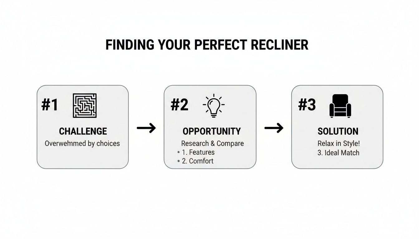 A 3-step guide for finding your perfect recliner, covering challenge, opportunity, and solution.